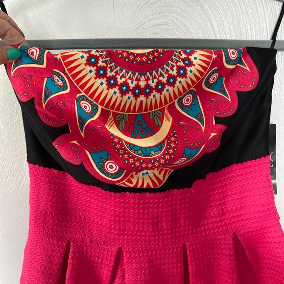 New York & Company Pink Aztec Pleated Strapless Textured Mini Dress Medium NWT - Picture 2 of 12
